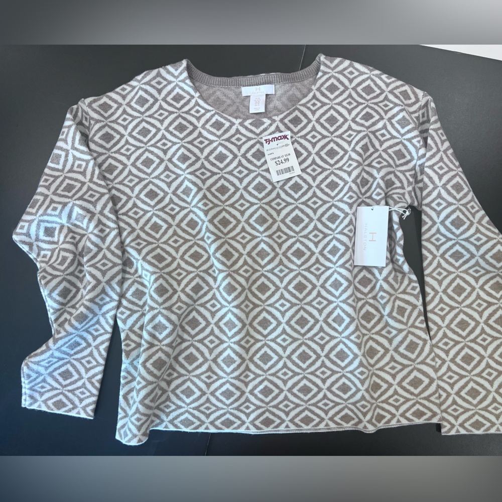 Halston Heritage Geometric Crew Neck Sweater - Tan and Cream